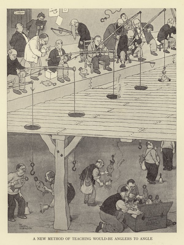 Un nuevo método de enseñar a los aspirantes a pescadores a pescar de William Heath Robinson