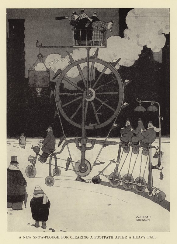 Un nuevo quitanieves para despejar una acera después de una fuerte nevada de William Heath Robinson