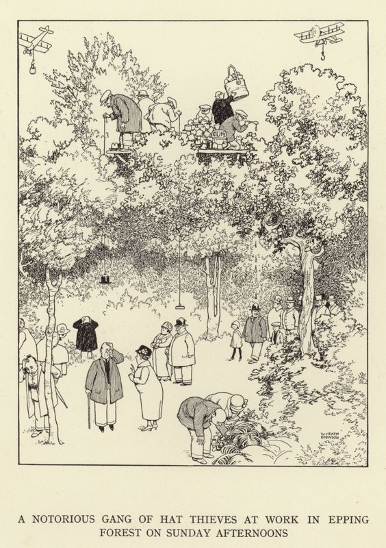 Una banda notoria de ladrones de sombreros en acción en el Bosque de Epping los domingos por la tarde de William Heath Robinson