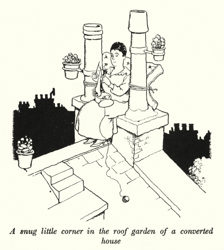 Un Rincón Acogedor en el Jardín del Techo de una Casa Convertida de William Heath Robinson