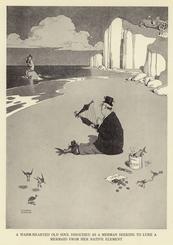 Un alma vieja de buen corazón disfrazada de tritón buscando atraer a una sirena de su elemento nativo de William Heath Robinson