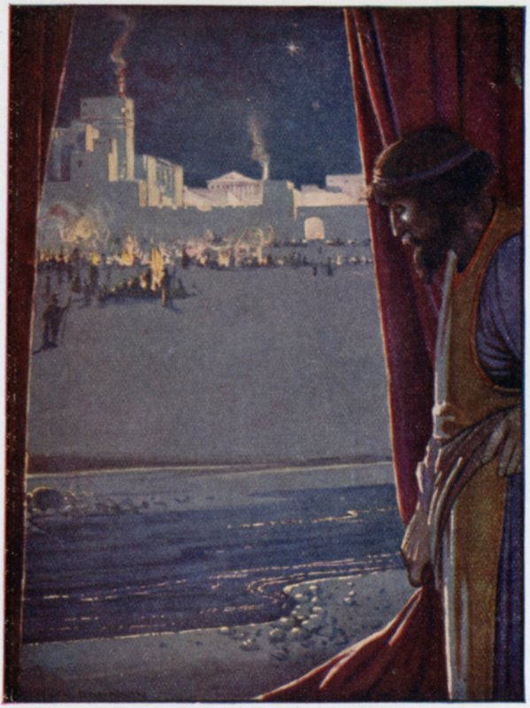 Agamenón escuchó el sonido de la flauta y la risa de los hombres mientras los troyanos festejaban y se divertían de William Heath Robinson