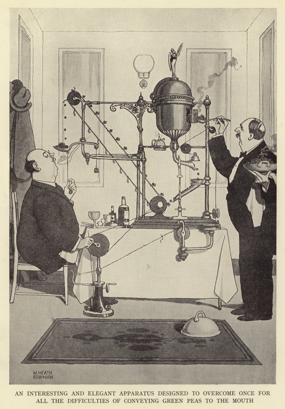 Un aparato interesante y elegante diseñado para superar de una vez por todas las dificultades de llevar guisantes verdes a la boca de William Heath Robinson
