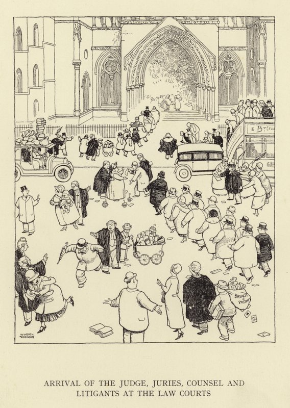 Llegada del juez, jurados, abogados y litigantes a los tribunales de William Heath Robinson