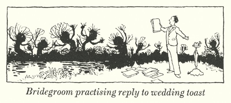 Novio practicando la respuesta al brindis de la boda (litografía) de William Heath Robinson