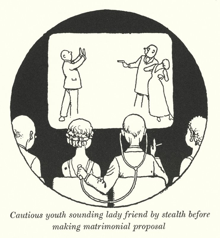 Joven cauteloso sondeando a su amiga en secreto antes de hacer una propuesta matrimonial de William Heath Robinson