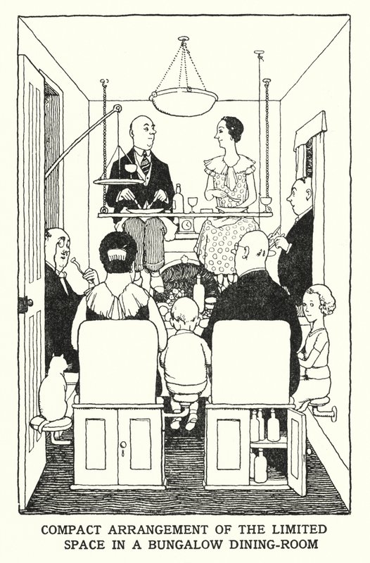 Arreglo compacto del espacio limitado en un comedor de bungalow de William Heath Robinson