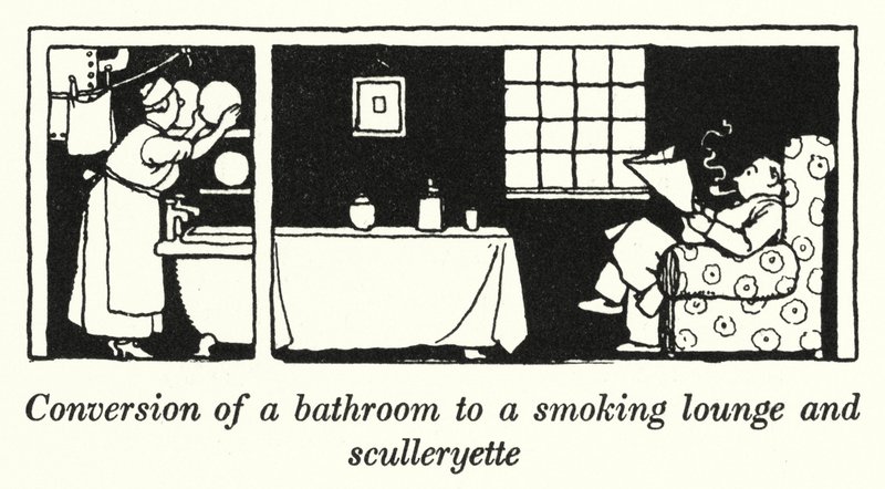Conversión de un baño en un salón de fumar y una pequeña cocina de William Heath Robinson