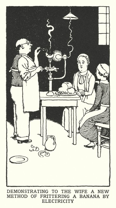 Demostrando a la esposa un nuevo método de freír un plátano con electricidad de William Heath Robinson