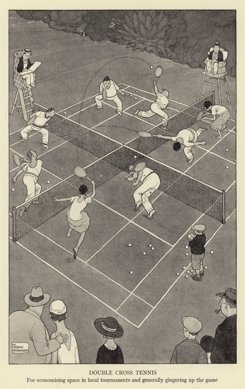 Tenis de doble cruz, para economizar espacio en torneos locales y generalmente animar el juego de William Heath Robinson