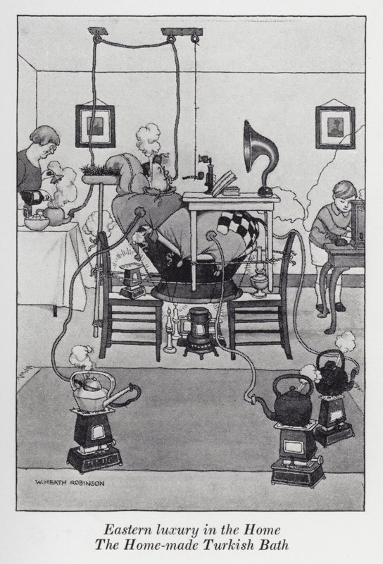 Lujo oriental en el hogar, el baño turco casero de William Heath Robinson