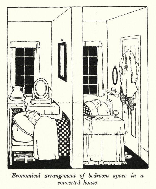 Arreglo económico del espacio del dormitorio en una casa convertida de William Heath Robinson
