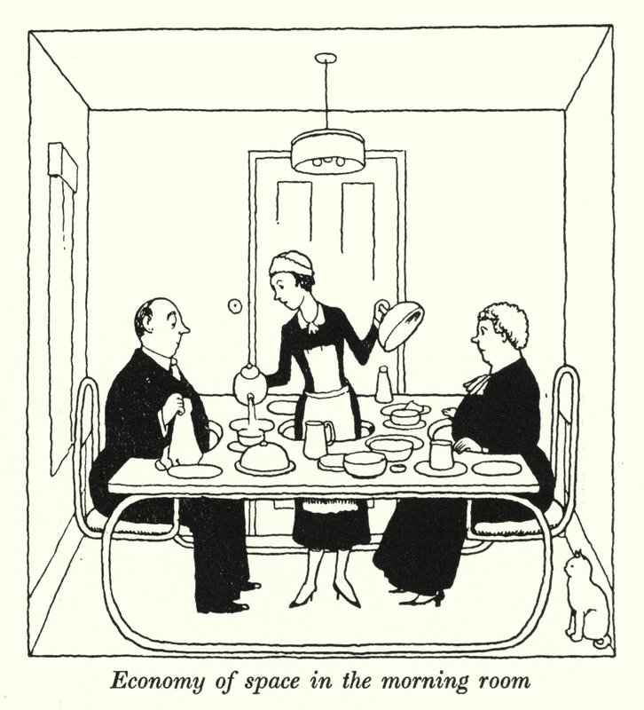 Economía de espacio en la sala de estar de William Heath Robinson