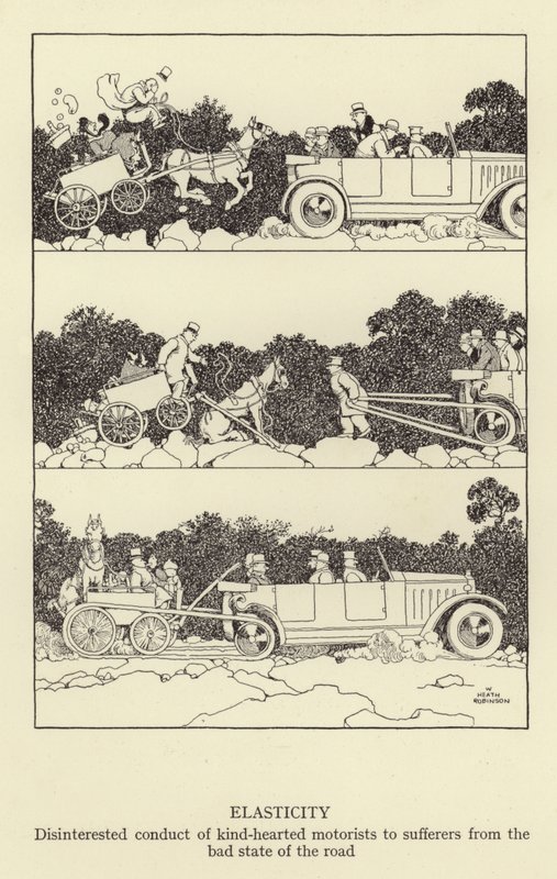 Elasticidad, conducta desinteresada de automovilistas de buen corazón hacia los afectados por el mal estado de la carretera de William Heath Robinson