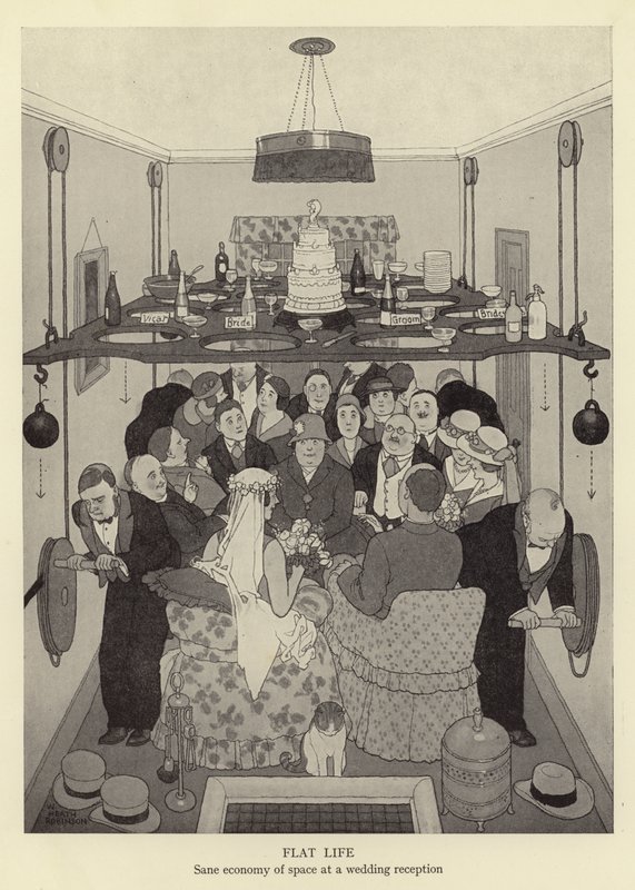 Vida plana, economía sensata del espacio en una recepción de boda de William Heath Robinson
