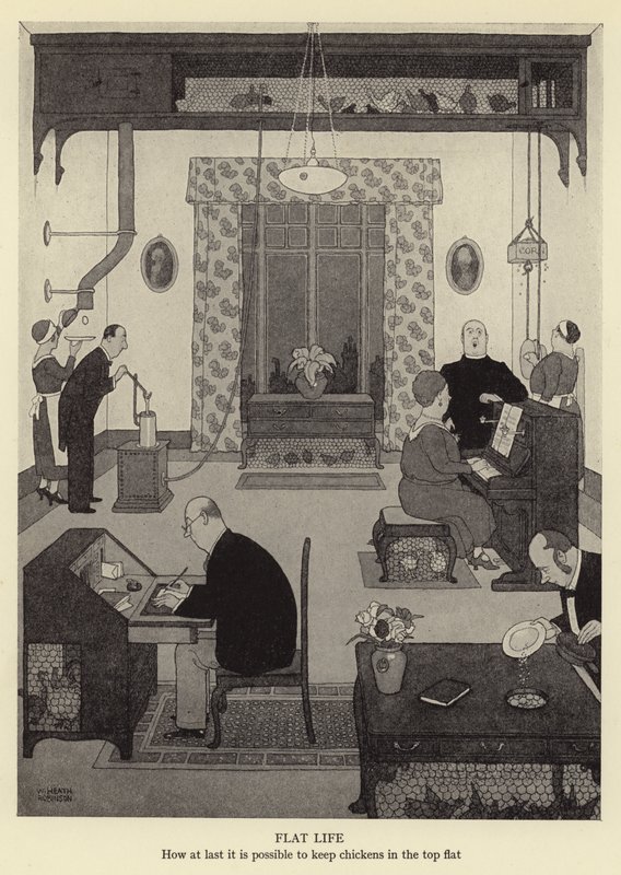 Vida plana, cómo finalmente es posible criar gallinas en el piso superior de William Heath Robinson