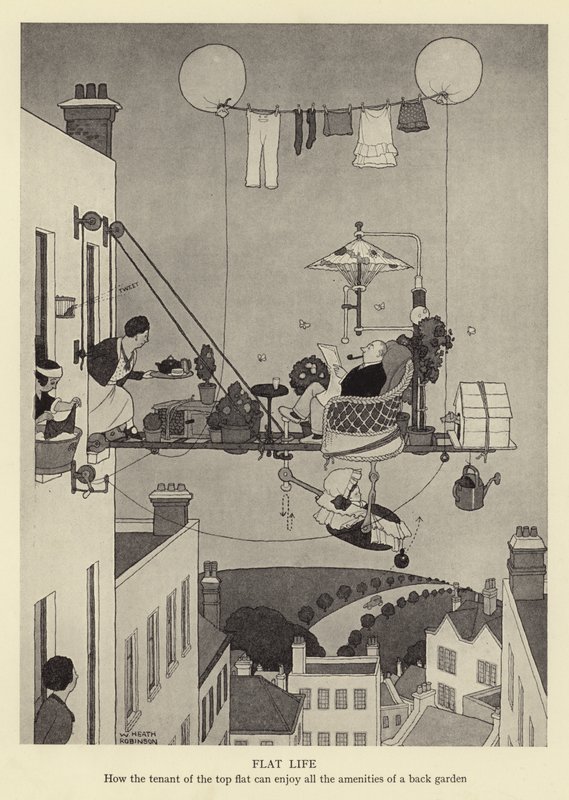 Vida en un piso, cómo el inquilino del último piso puede disfrutar de todas las comodidades de un jardín trasero de William Heath Robinson