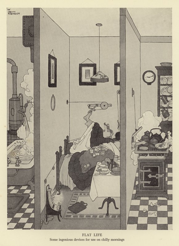 Vida plana, algunos dispositivos ingeniosos para usar en mañanas frías de William Heath Robinson