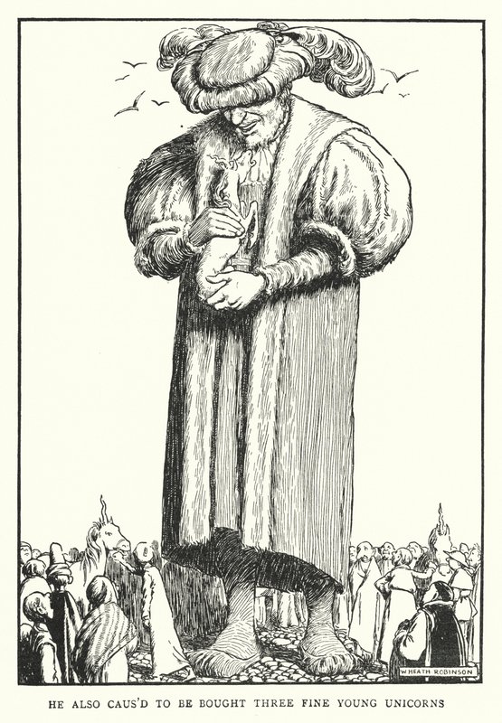 También hizo comprar tres jóvenes unicornios finos (litografía) de William Heath Robinson