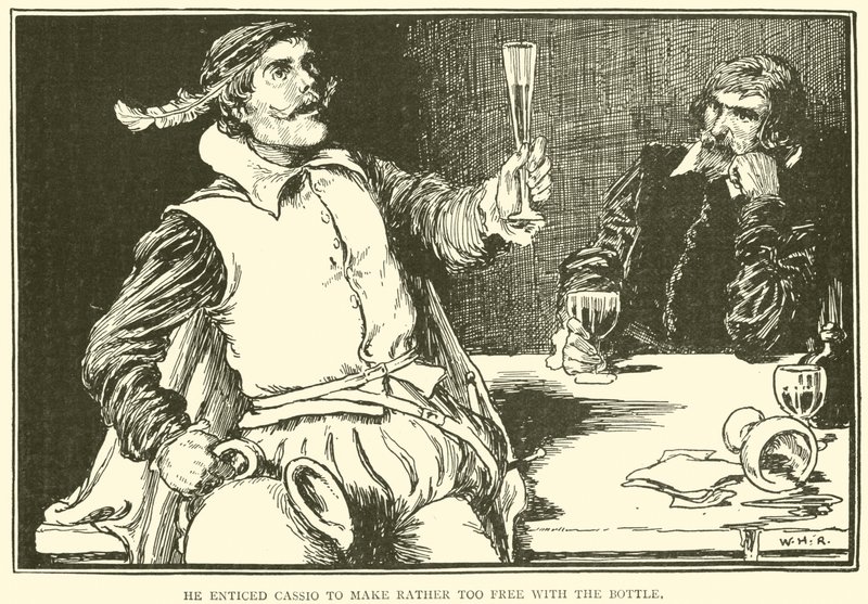 Él incitó a Cassio a ser demasiado libre con la botella de William Heath Robinson