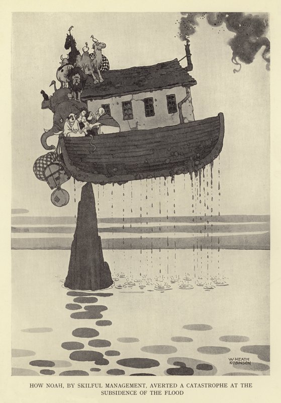 Cómo Noé, con hábil manejo, evitó una catástrofe en el descenso del diluvio de William Heath Robinson