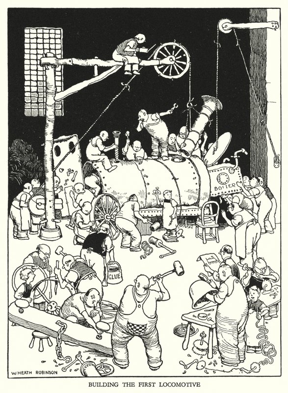 Ilustración para Railway Ribaldry de W Heath Robinson de William Heath Robinson