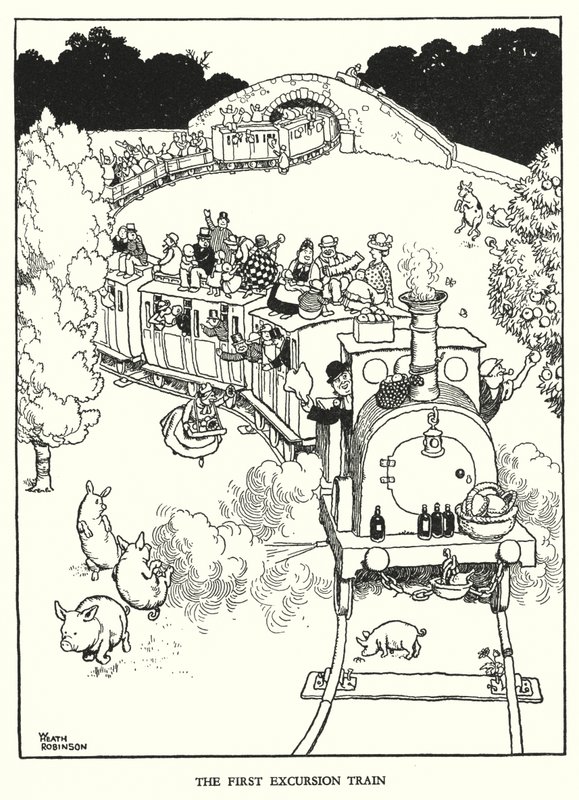 Ilustración para Railway Ribaldry de W Heath Robinson de William Heath Robinson