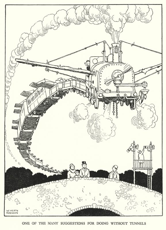 Ilustración para Railway Ribaldry de W Heath Robinson de William Heath Robinson