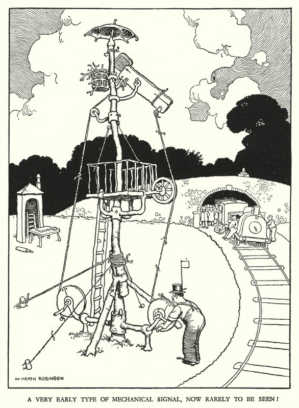 Ilustración para Railway Ribaldry de W Heath Robinson de William Heath Robinson
