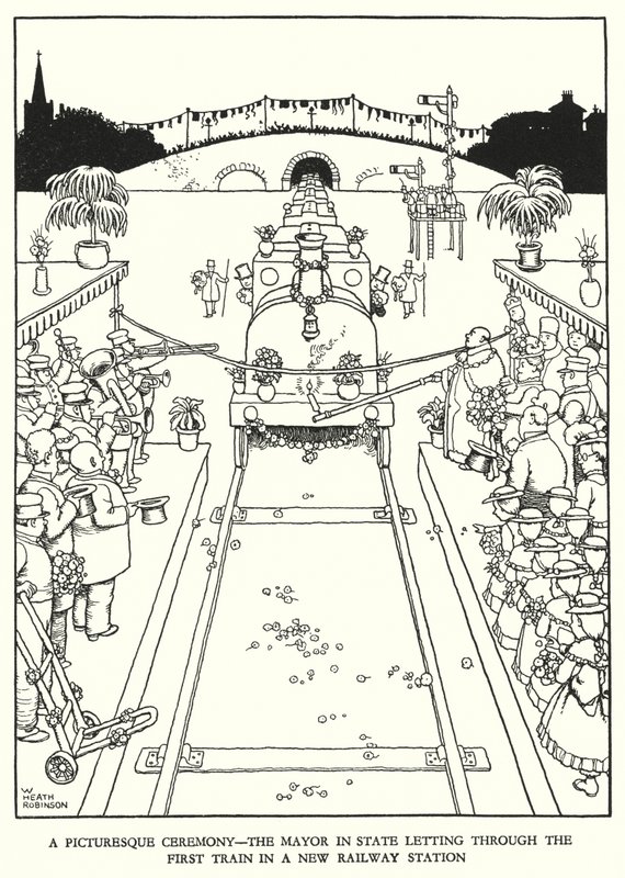 Ilustración para Railway Ribaldry de W Heath Robinson de William Heath Robinson