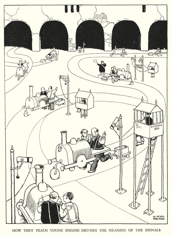 Ilustración para Railway Ribaldry de W Heath Robinson de William Heath Robinson