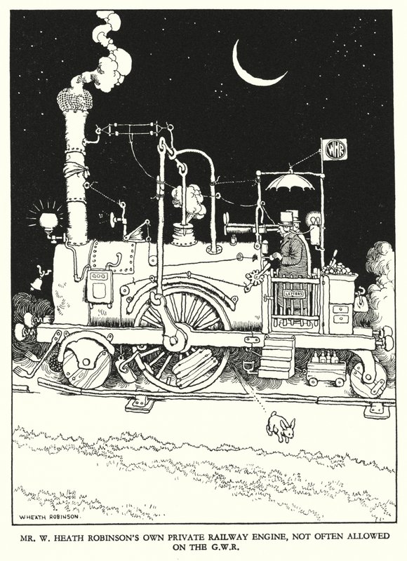 Ilustración para Railway Ribaldry de W Heath Robinson de William Heath Robinson