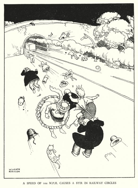 Ilustración para Railway Ribaldry de William Heath Robinson