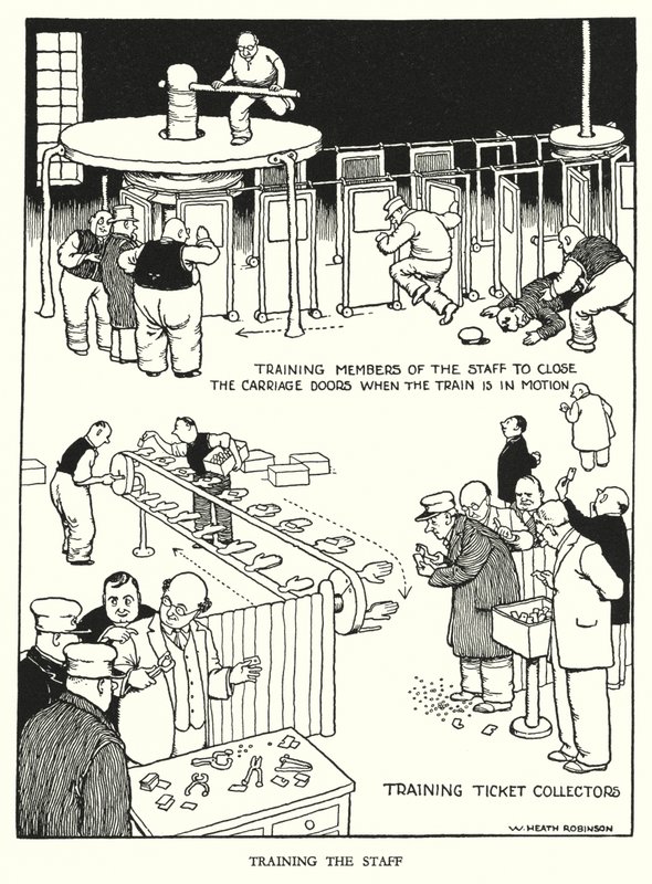 Ilustración para Railway Ribaldry de W Heath Robinson de William Heath Robinson