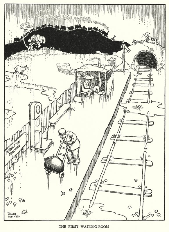 Ilustración para Railway Ribaldry de W Heath Robinson de William Heath Robinson