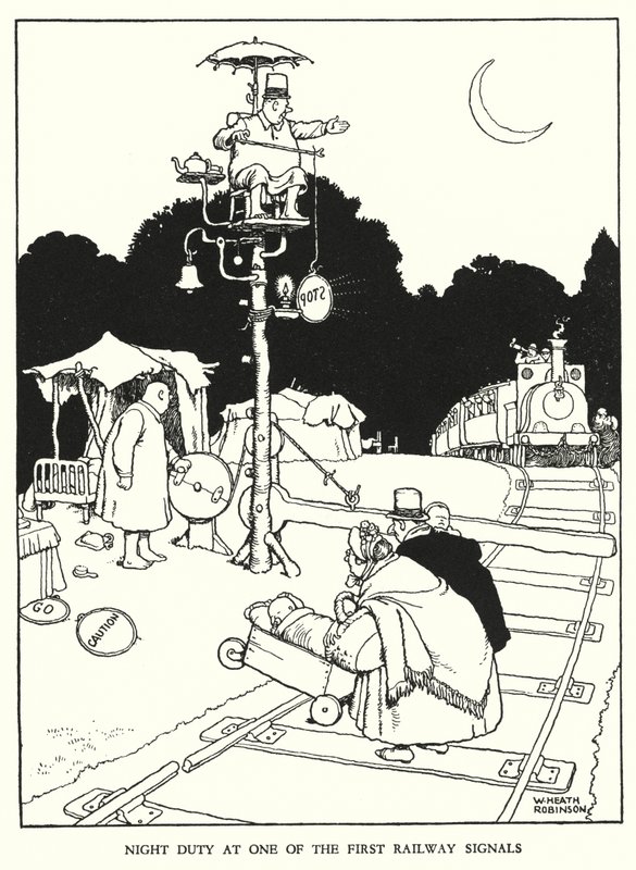 Ilustración para Railway Ribaldry de W Heath Robinson de William Heath Robinson