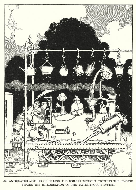 Ilustración para Railway Ribaldry de W Heath Robinson de William Heath Robinson