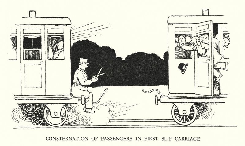 Ilustración para Railway Ribaldry de W Heath Robinson de William Heath Robinson
