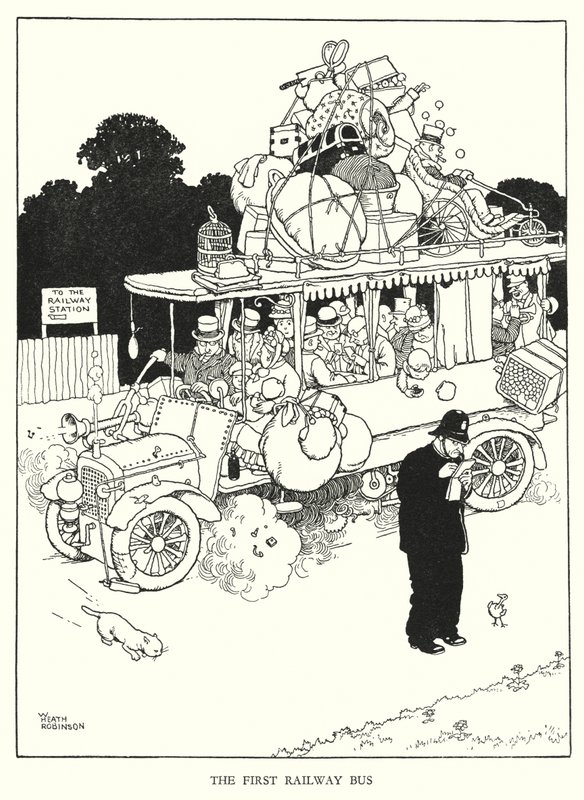 Ilustración para Railway Ribaldry de W Heath Robinson de William Heath Robinson