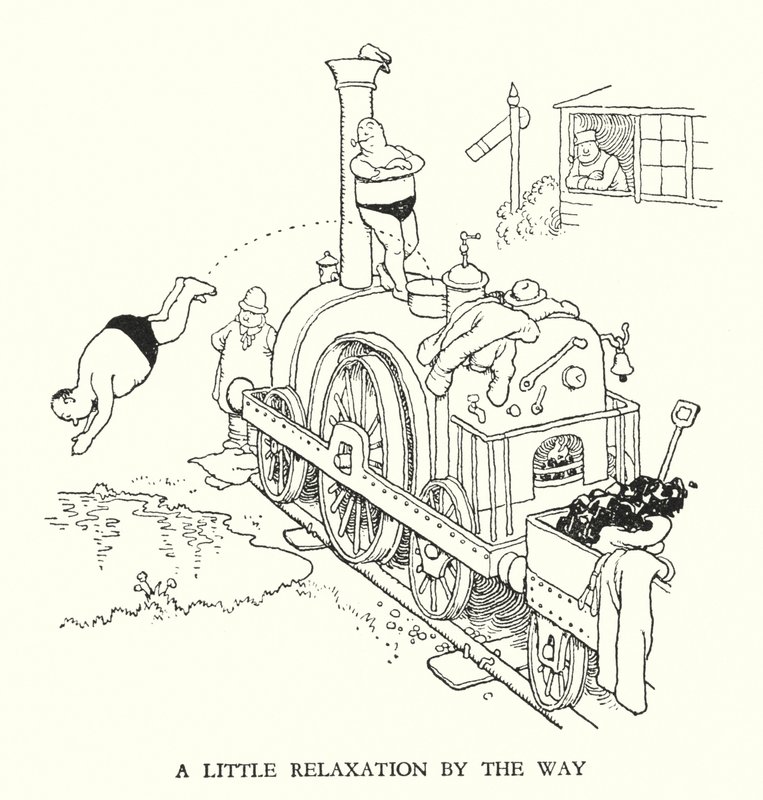 Ilustración para Railway Ribaldry de W Heath Robinson de William Heath Robinson