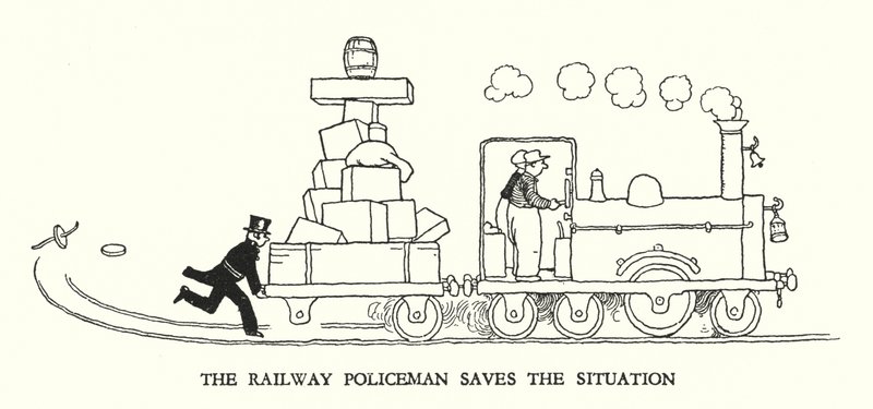 Ilustración para Railway Ribaldry de W Heath Robinson de William Heath Robinson