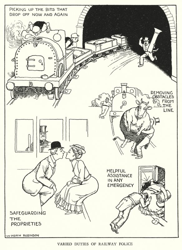 Ilustración para Railway Ribaldry de William Heath Robinson