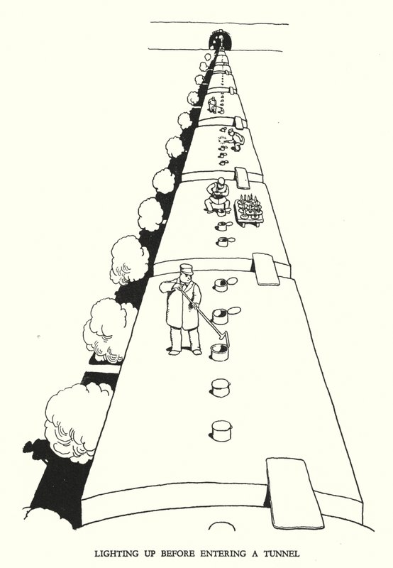 Ilustración para Railway Ribaldry de William Heath Robinson