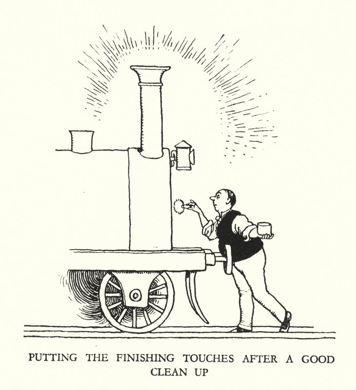 Ilustración para Railway Ribaldry de W Heath Robinson de William Heath Robinson