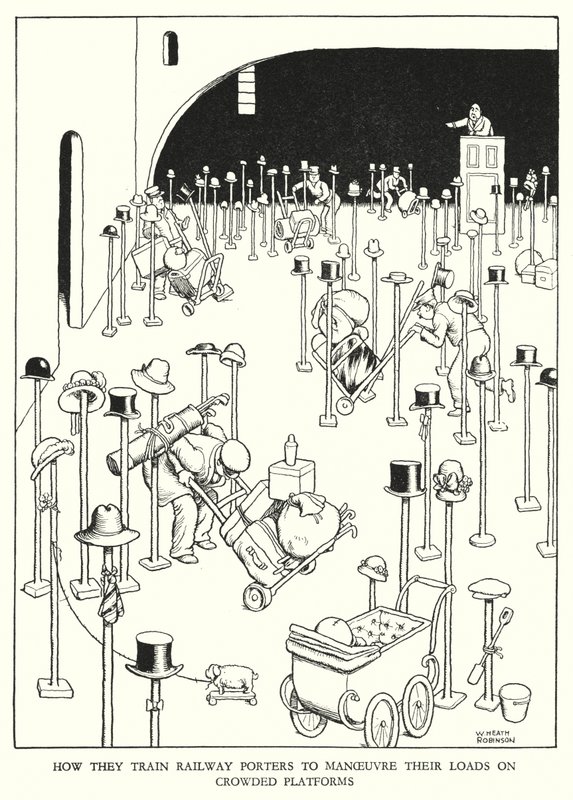 Ilustración para Railway Ribaldry de W Heath Robinson de William Heath Robinson