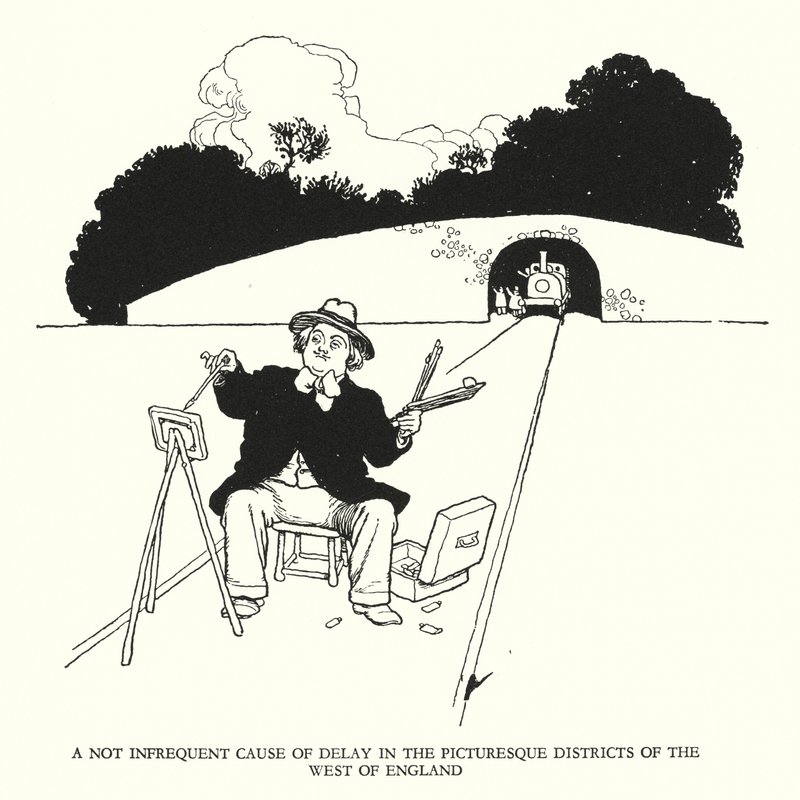 Ilustración para Railway Ribaldry de W Heath Robinson de William Heath Robinson