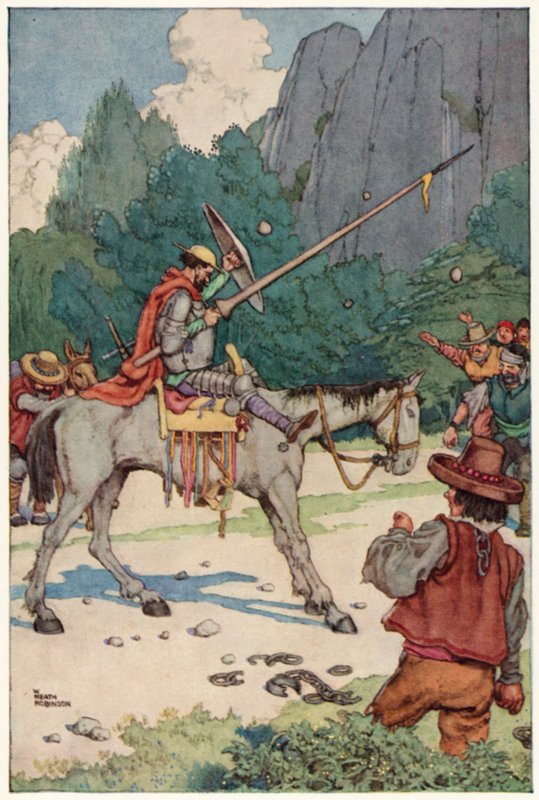 Ilustración para Las Aventuras de Don Quijote (litografía en color) de William Heath Robinson