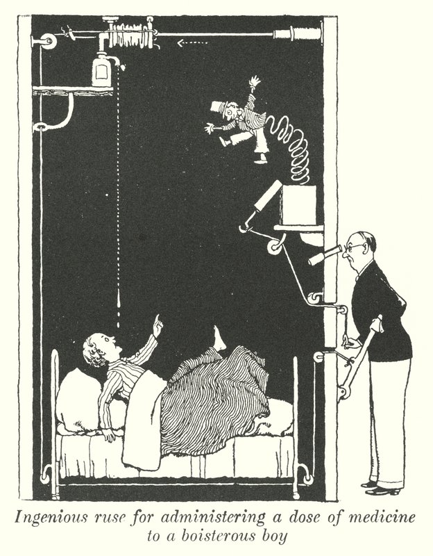 Ingenioso ardid para administrar una dosis de medicina a un niño bullicioso (litografía) de William Heath Robinson