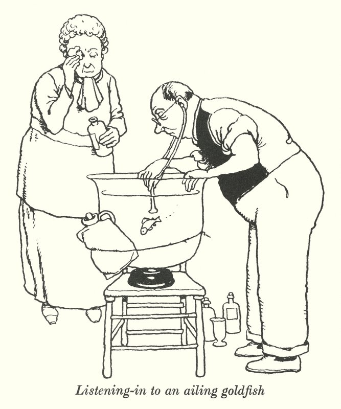 Escuchando a un pez dorado enfermo (litografía) de William Heath Robinson