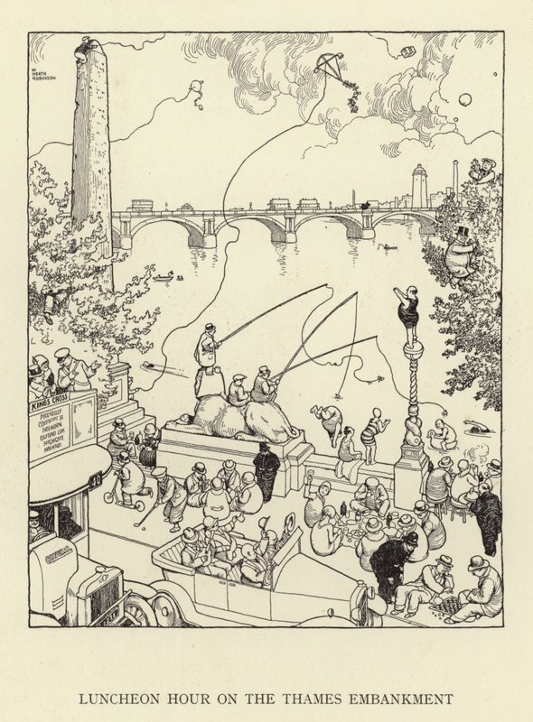 Hora del almuerzo en el malecón del Támesis de William Heath Robinson